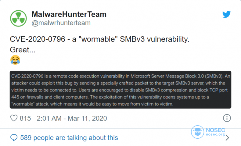 最新Windows SMBv3 蠕虫级远程代码执行漏洞（CVE-2020-0796）